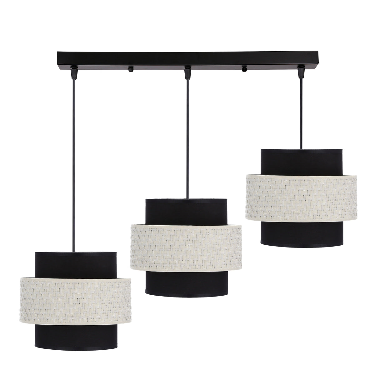 Suspension noire et crème à trois abat-jours cylindriques, vue de face sur fond blanc.