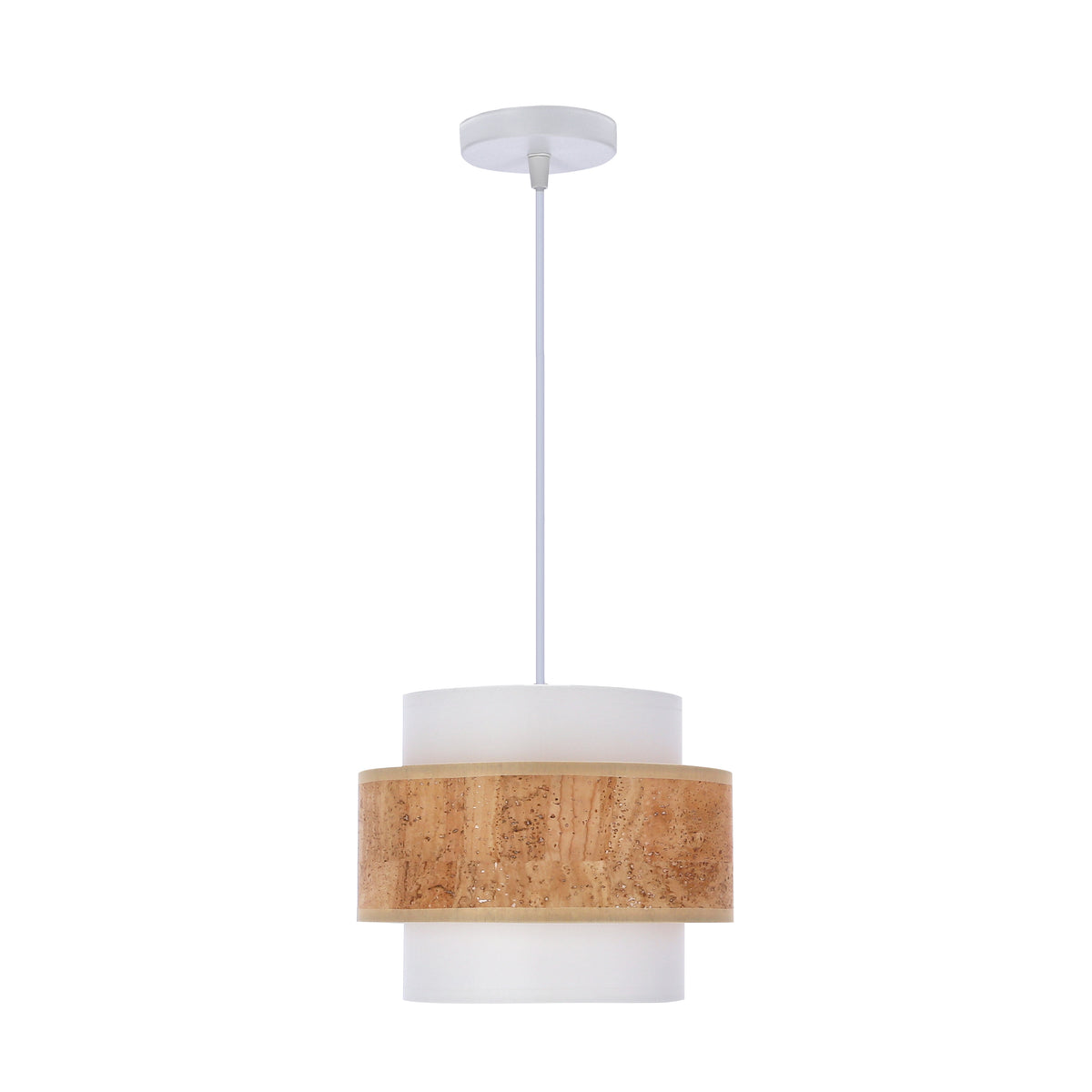 Vue de face d'une suspension cylindrique en tissu blanc avec bandeau central en liège.