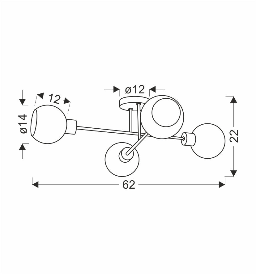 Schéma technique coté du plafonnier, dimensions en centimètres et diamètre des globes