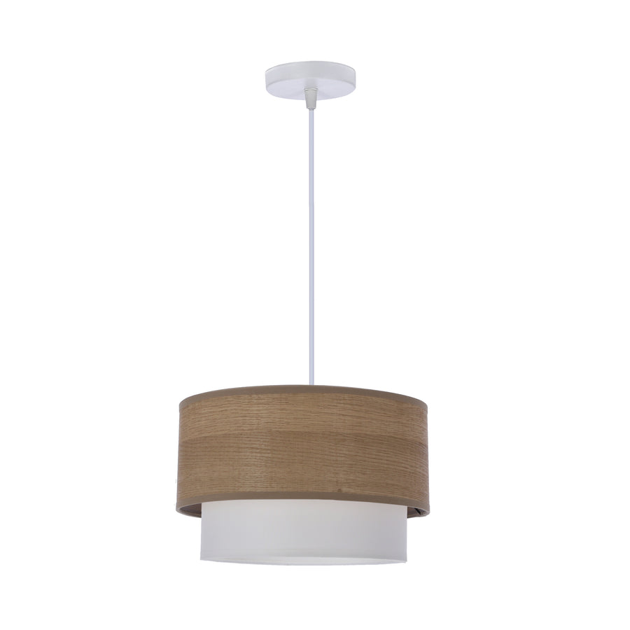 Vue de face du luminaire suspendu, abat-jour cylindrique bois clair et diffuseur blanc.