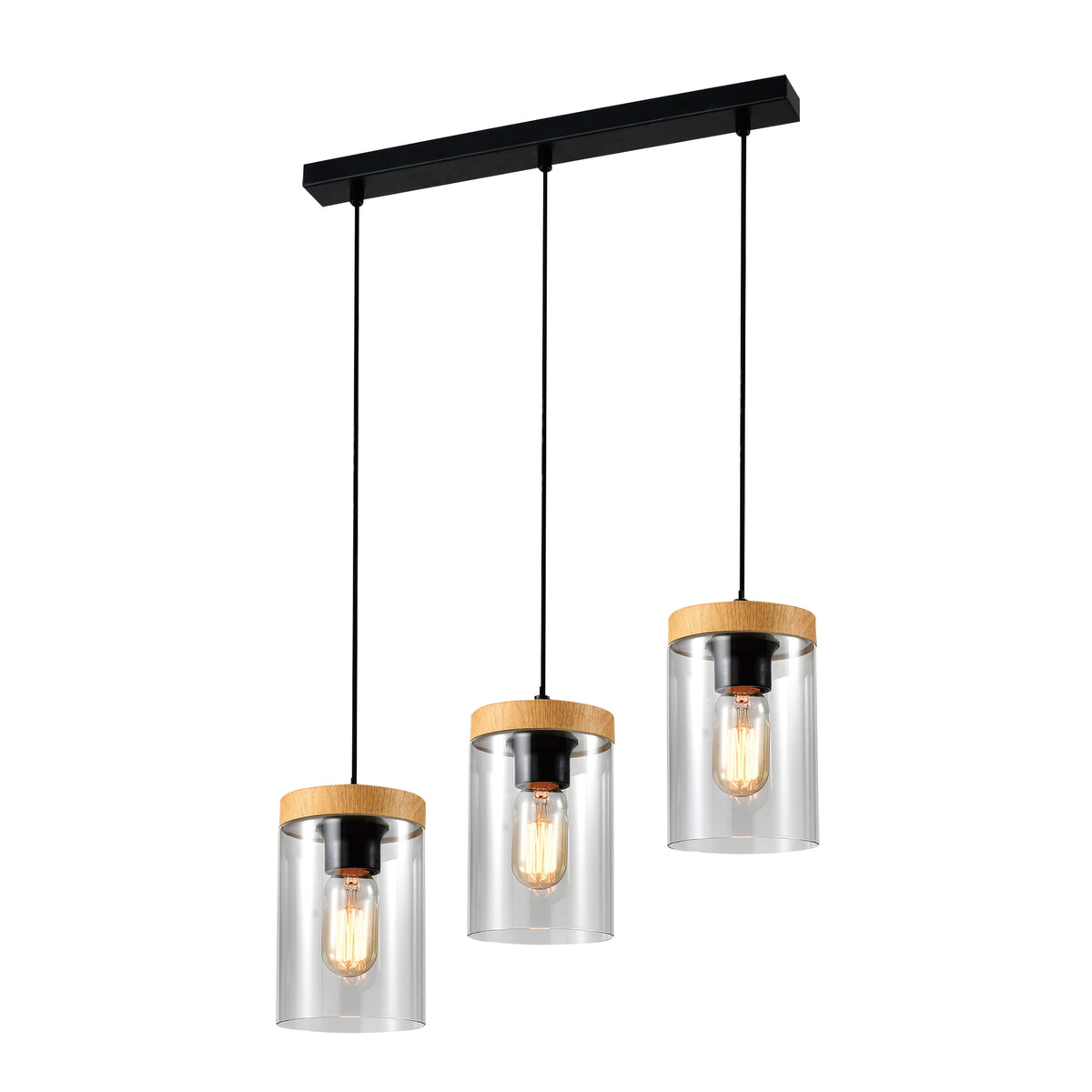 Suspension noire à trois abat-jours cylindriques en verre et bois, fond blanc