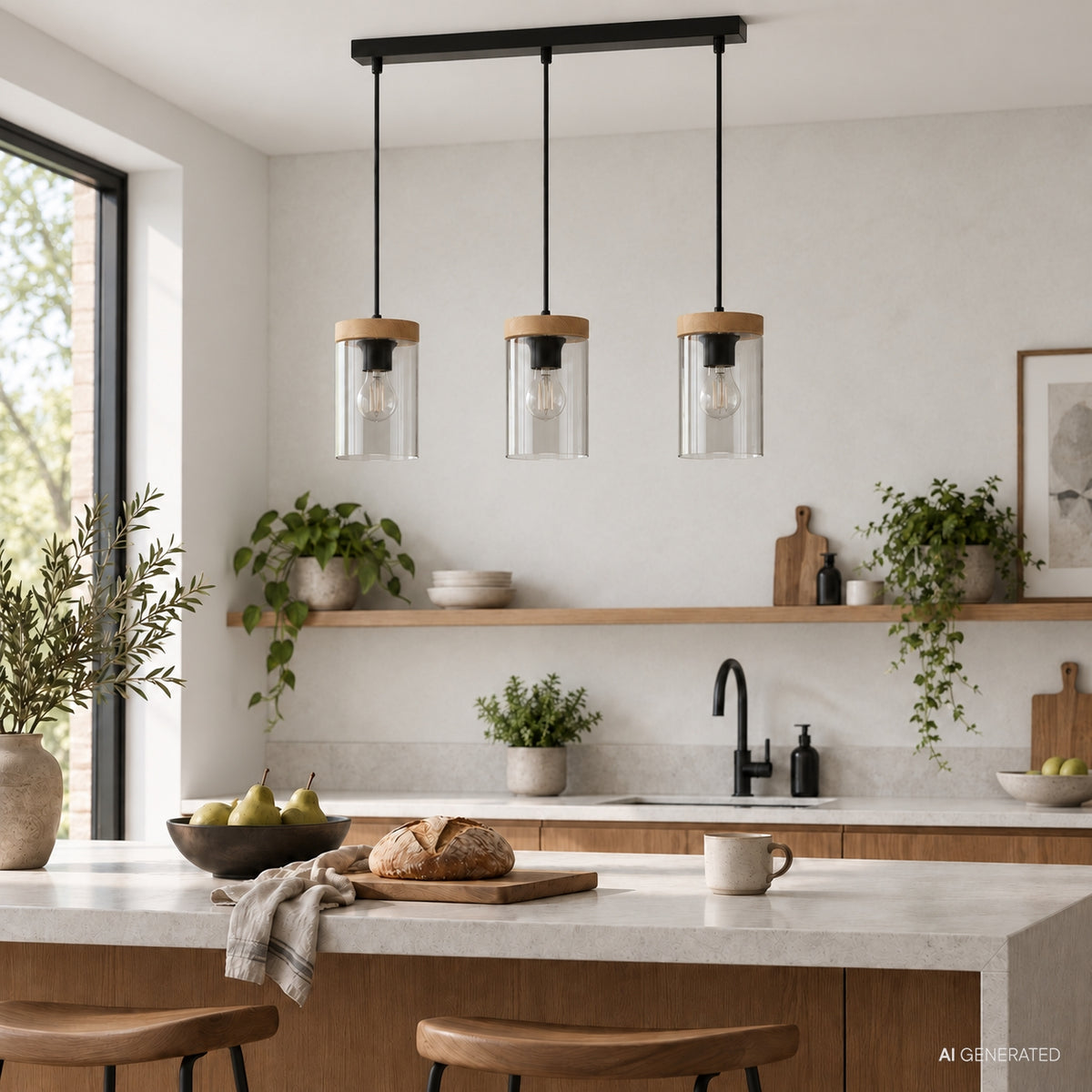 Mise en ambiance cuisine claire, suspension au-dessus d'un îlot en bois et pierre