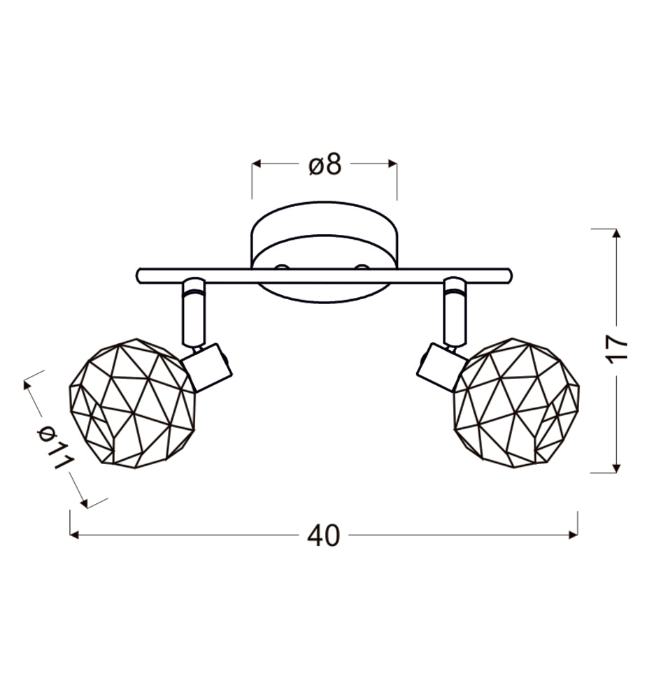 Schéma technique coté du luminaire avec diamètre et largeur totale.