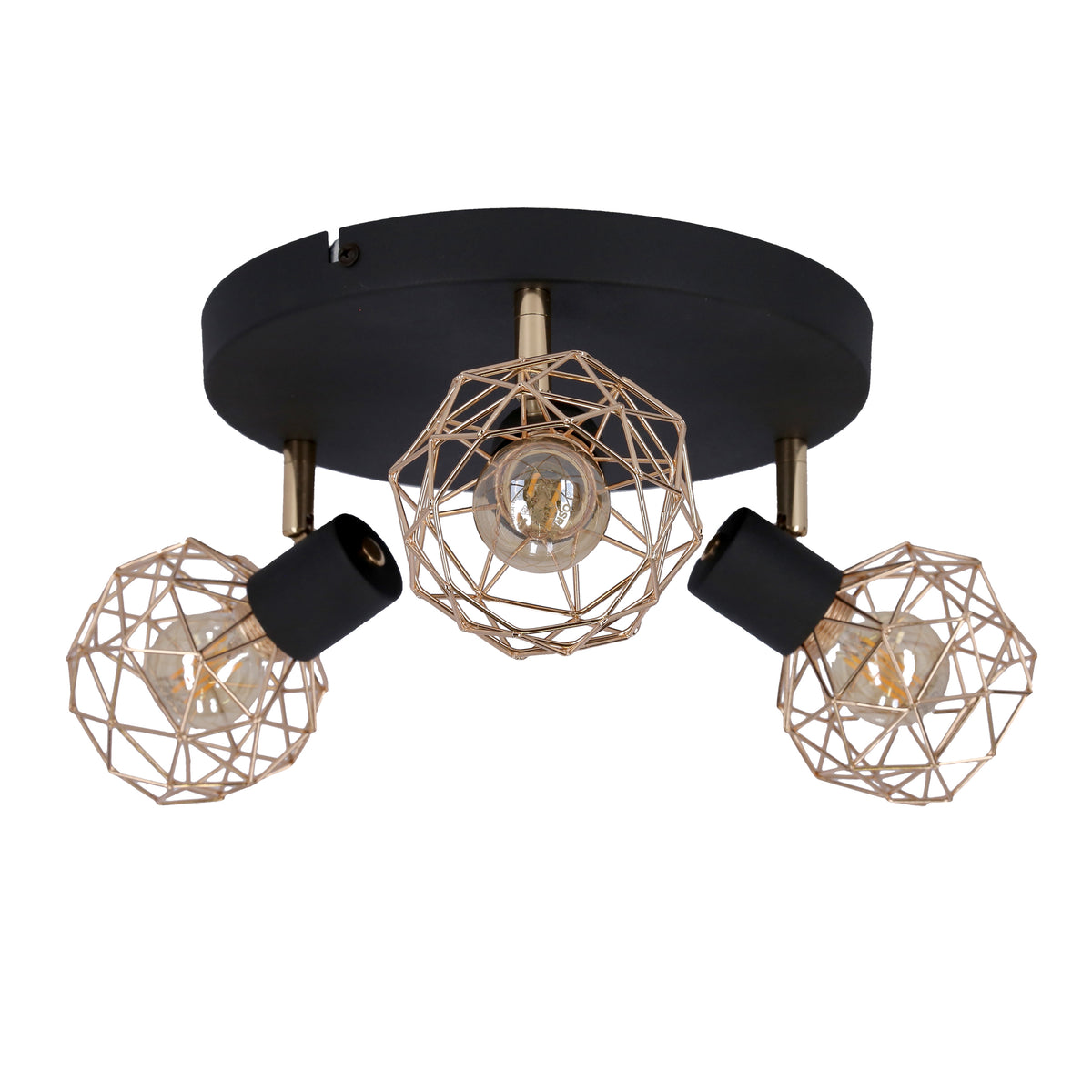 Plafonnier trois lumières vu de face avec plateforme noire et cages dorées géométriques