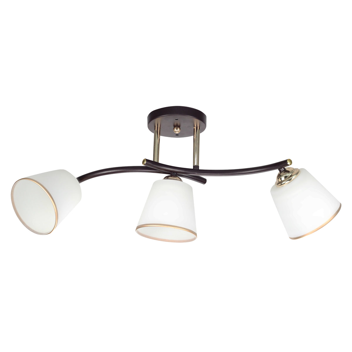 Plafonnier trois lumières, bras courbe noir et abat-jours coniques en verre blanc cerclé d'or