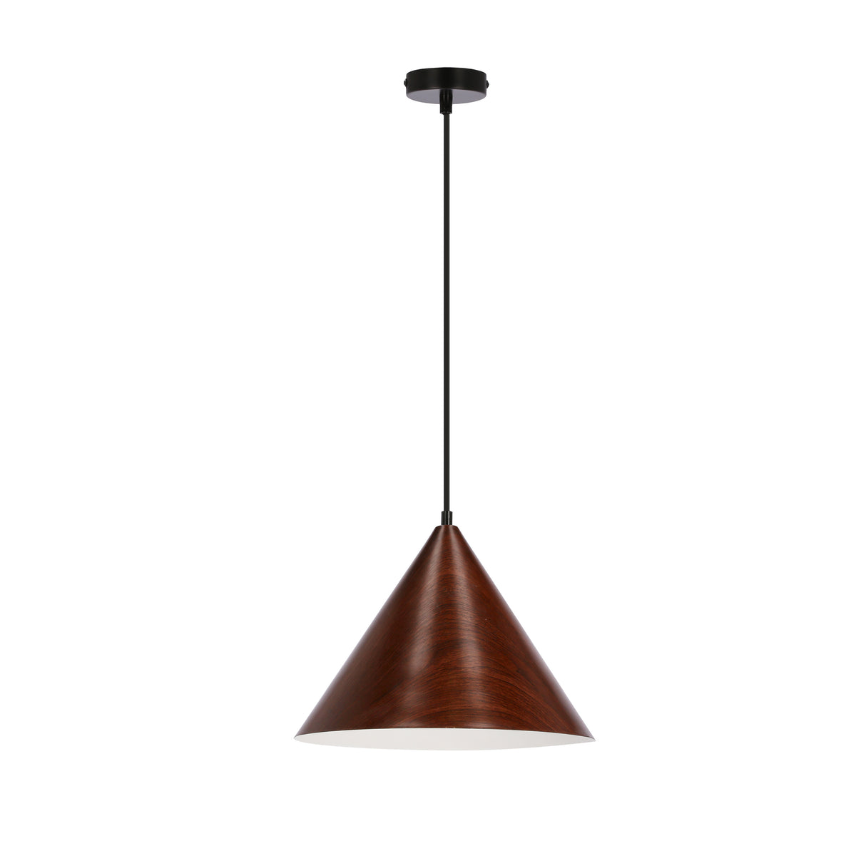 Suspension conique en bois marron foncé sur câble noir, vue de face sur fond blanc