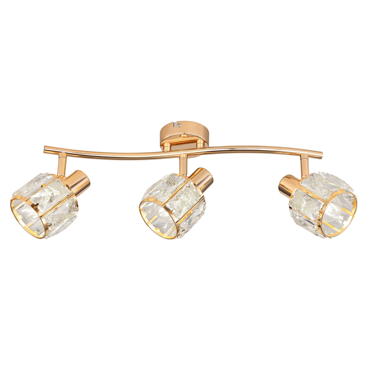 Plafonnier doré avec trois spots en cristal et bras incurvé, présenté sur fond blanc.