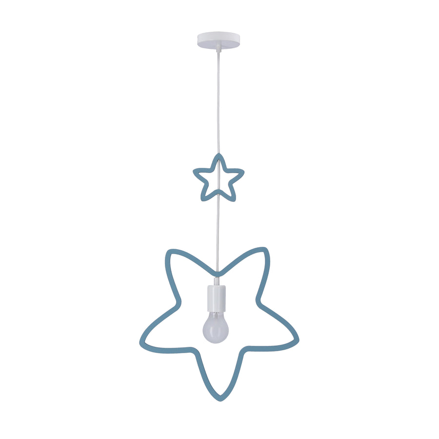 Suspension bleue en forme d'étoile sur fond blanc, câble blanc et douille apparente.