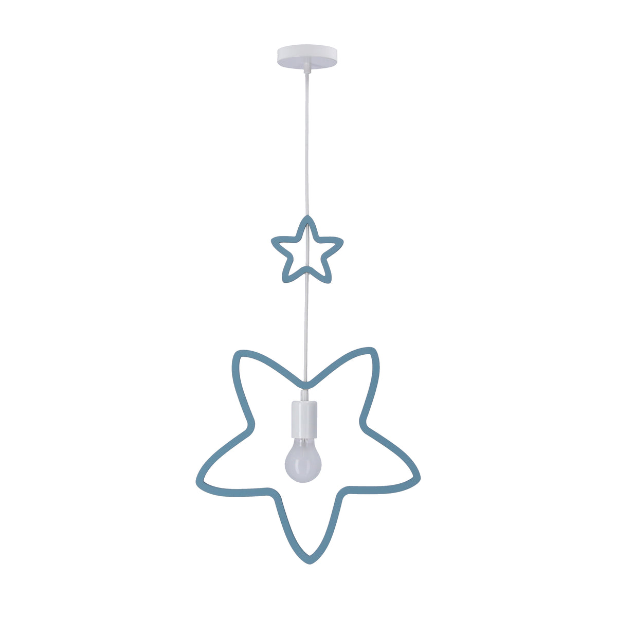 Suspension bleue en forme d'étoile sur fond blanc, câble blanc et douille apparente.