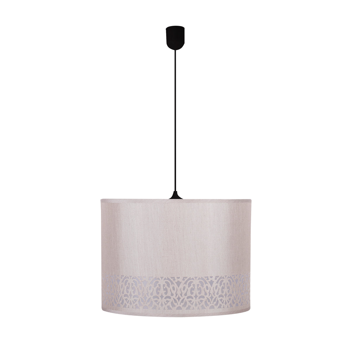 Suspension cylindrique en tissu beige clair avec frise ajourée, vue de face.