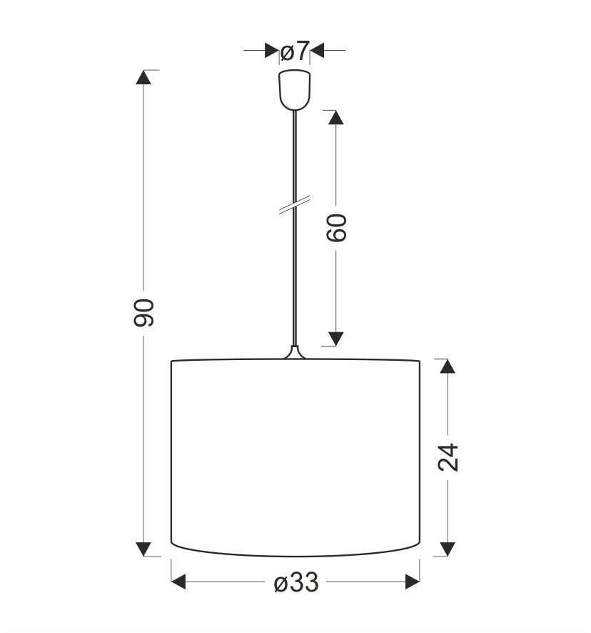 Schéma de dimensions : hauteur totale 90 cm, diamètre 33 cm, hauteur abat-jour 24 cm.