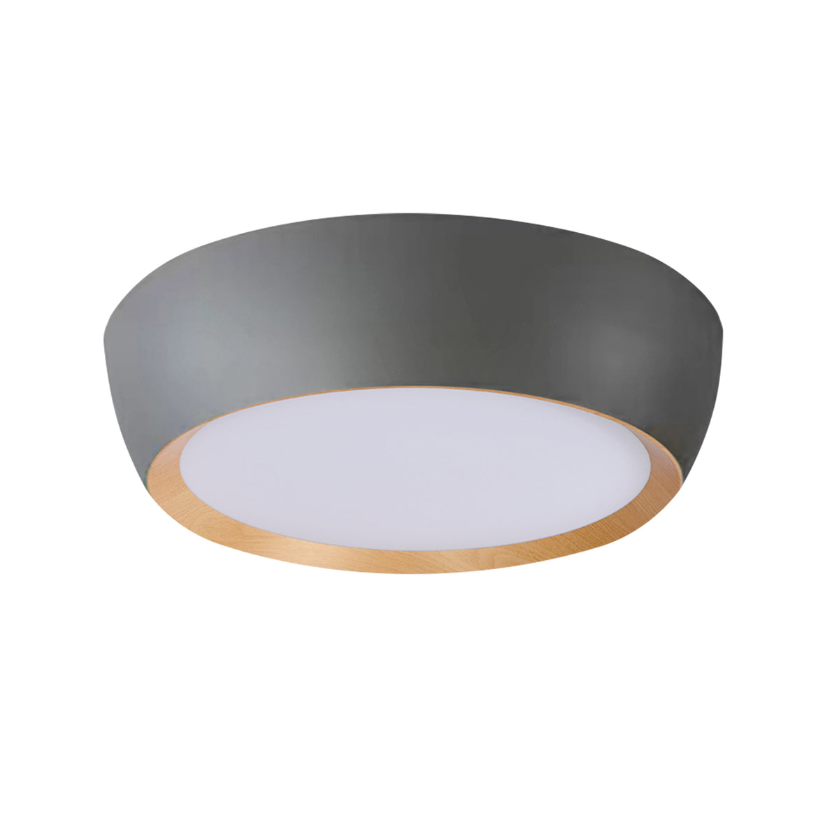 Vue de face du plafonnier rond gris anthracite avec diffuseur blanc et cercle en bois clair