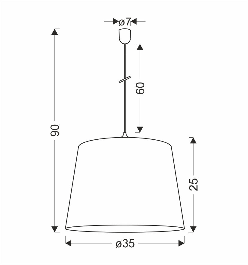 Schéma coté du luminaire avec hauteur totale quatre-vingt-dix et diamètre abat-jour trente-cinq