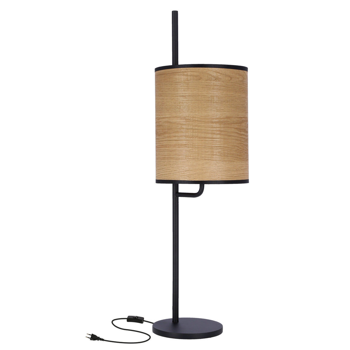 Lampe à poser de face, abat-jour cylindrique beige et pied métal noir