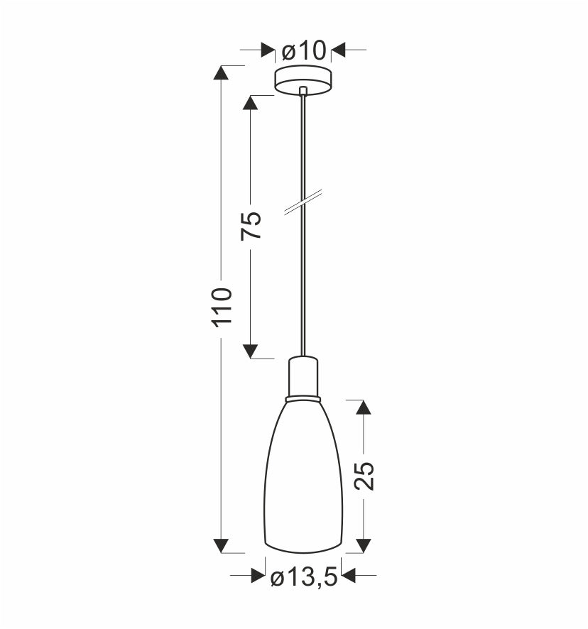 Schéma technique coté : diamètre 13,5 cm, hauteur 25 cm, câble 75 cm.