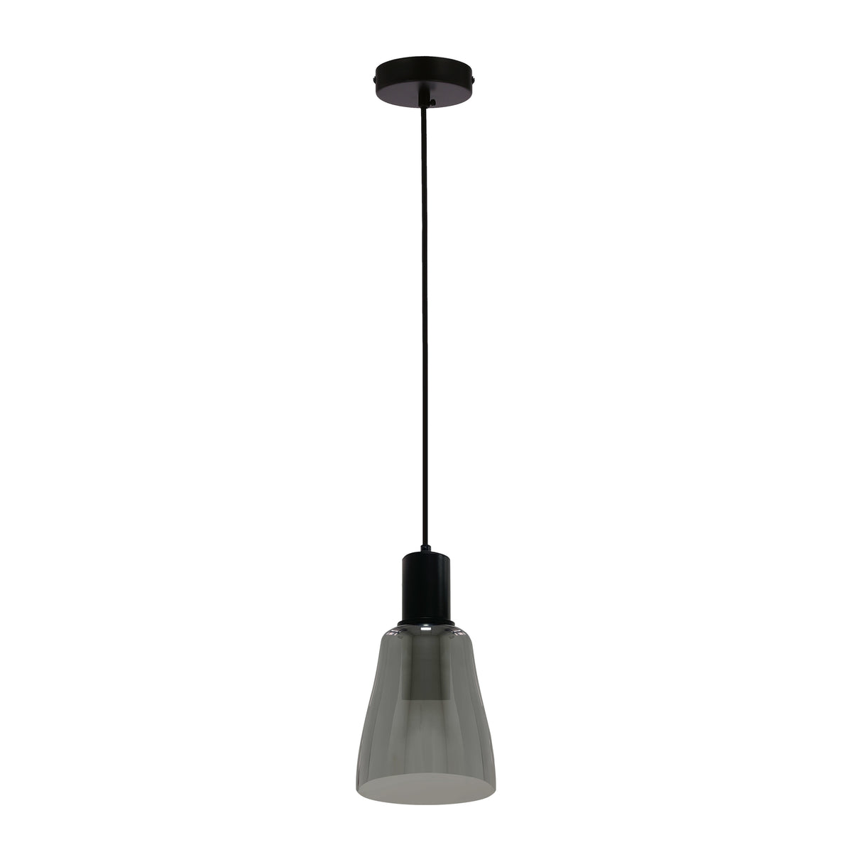 Suspension à abat-jour en verre gris fumé et câble noir, vue de face sur fond blanc.