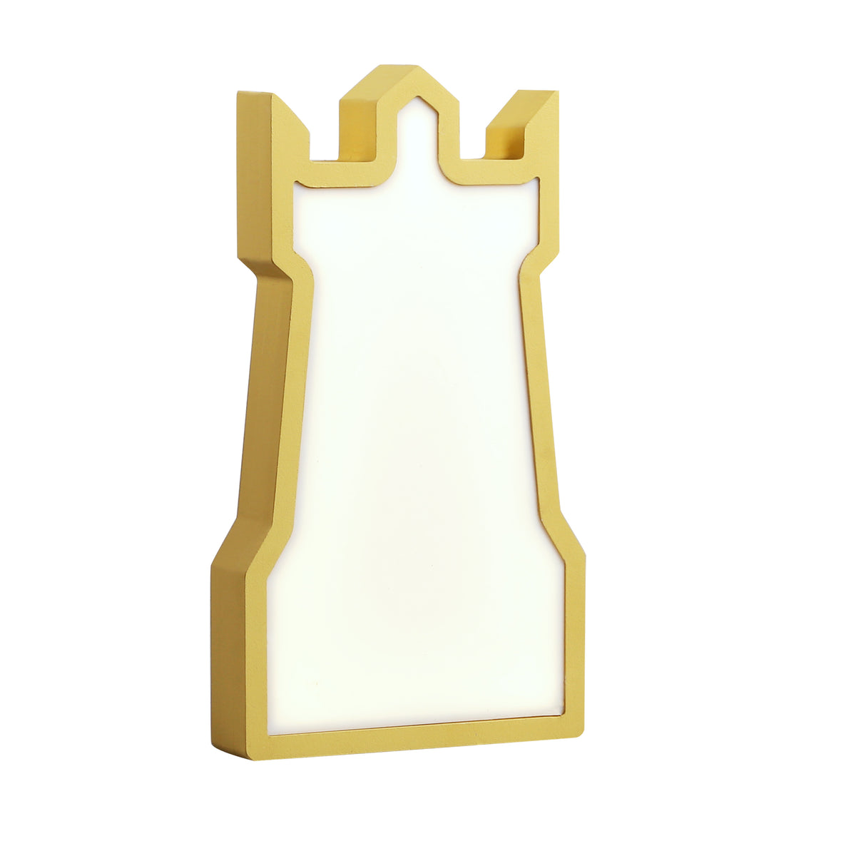 Lampe à poser dorée en forme de tour de château, vue de face sur fond blanc.