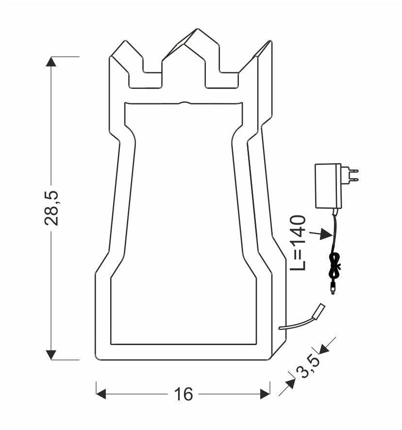 Schéma technique côté : hauteur 28,5 cm, largeur 16 cm, profondeur 3,5 cm, câble 140 cm.