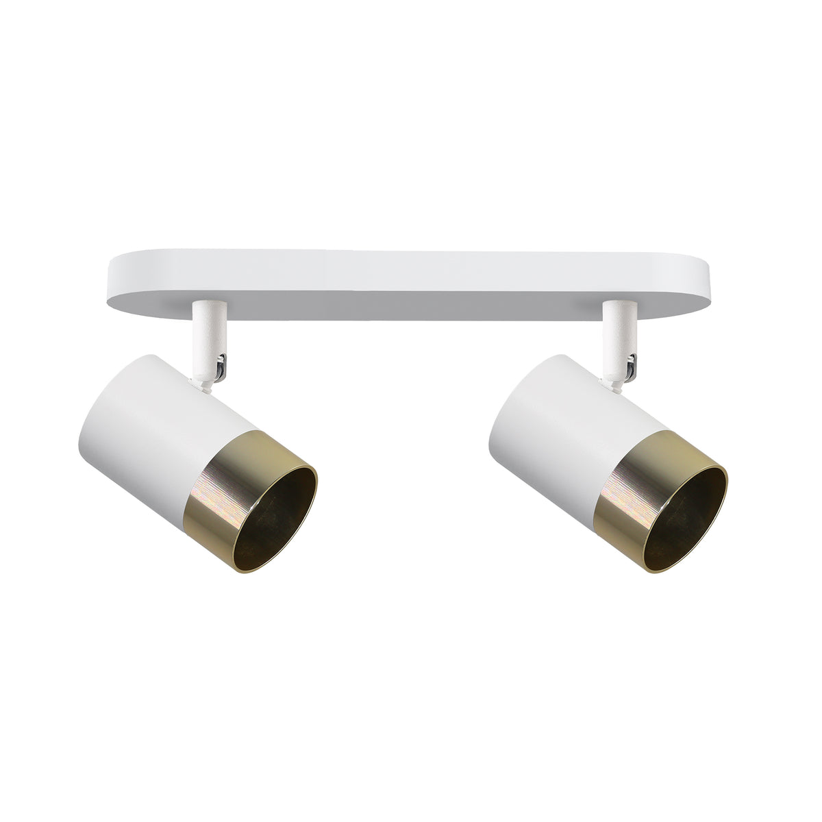 Plafonnier blanc à deux spots cylindriques orientables, anneau doré, vue de face