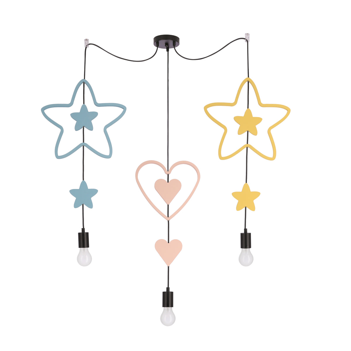 Suspension enfant trois lumières, étoiles et cœurs pastel sur câbles noirs, ampoules apparentes