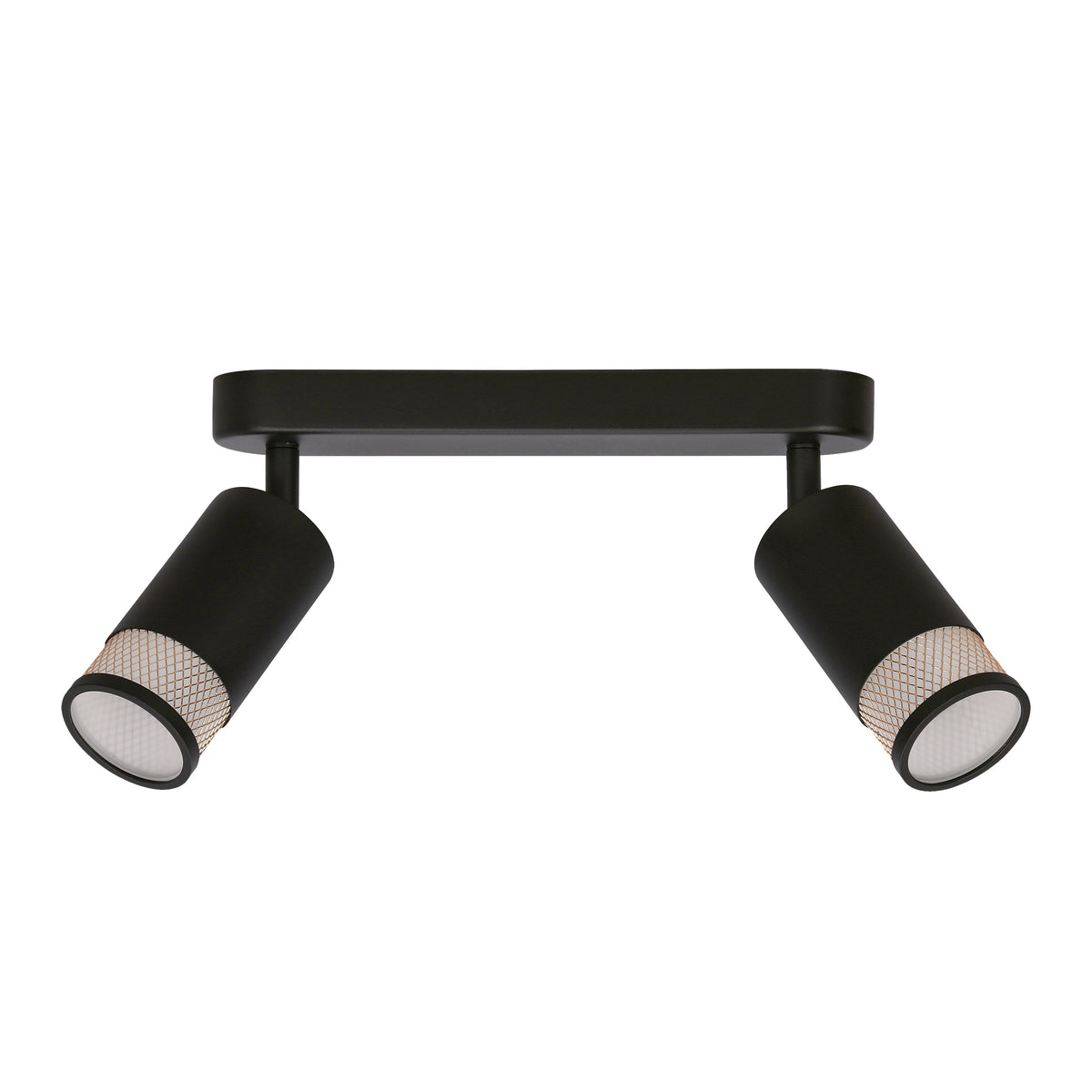 Plafonnier noir deux projecteurs cylindriques orientables avec grille dorée, vu de face.