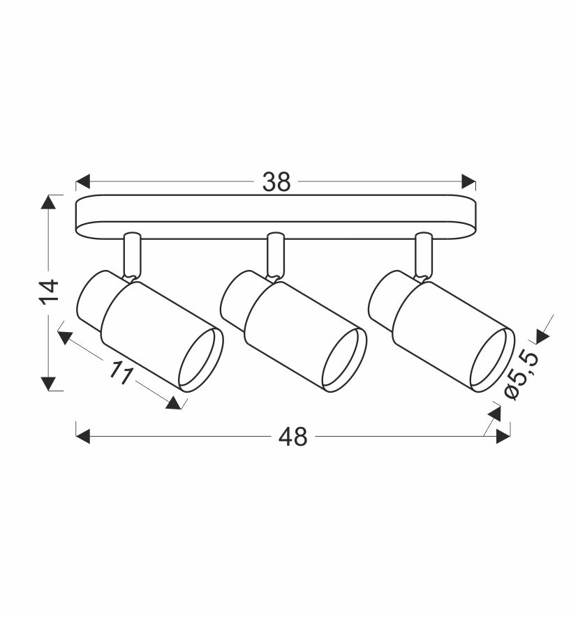 Schéma coté du luminaire indiquant 48 cm de large et 14 cm de haut