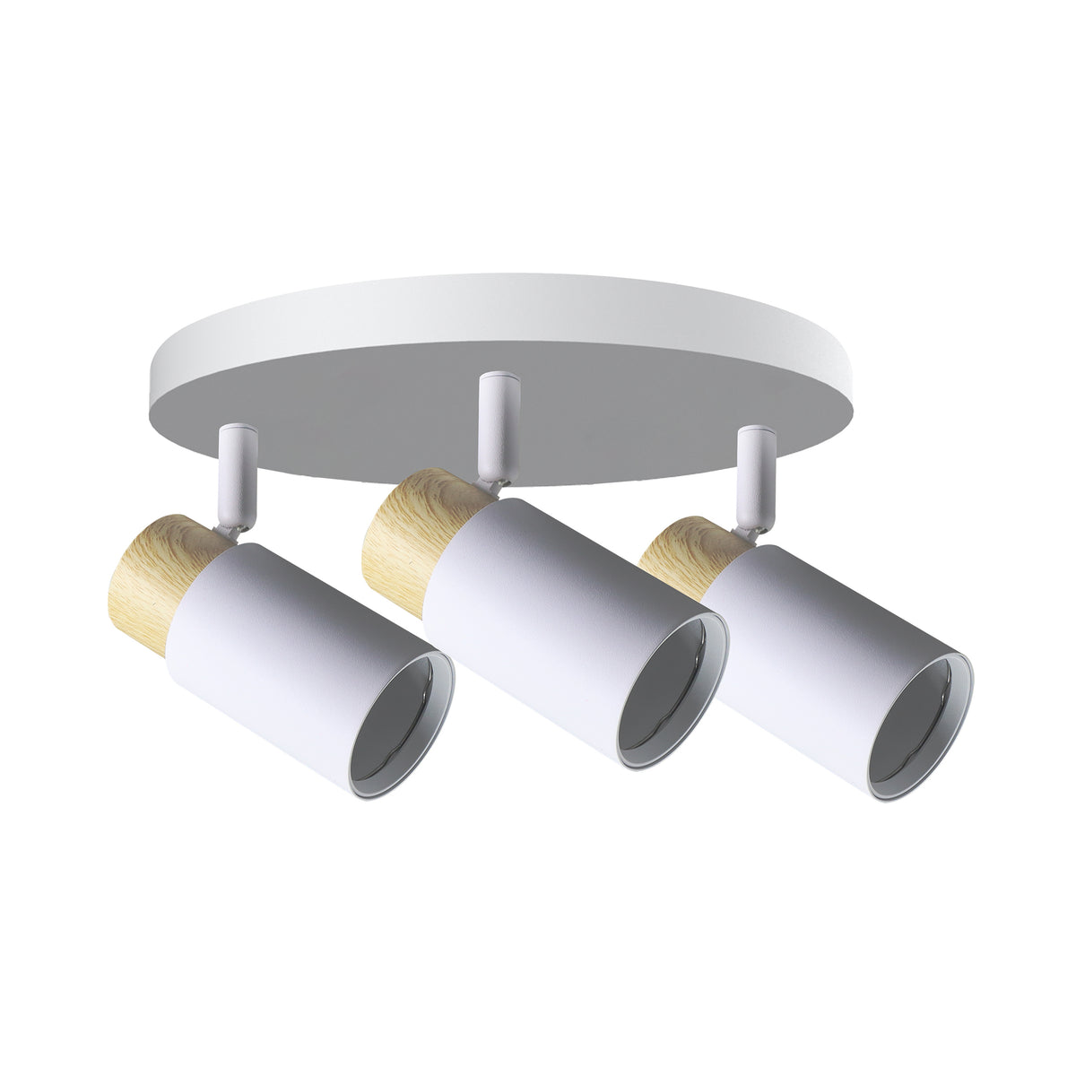 Plafonnier blanc à trois projecteurs cylindriques orientables avec détails en bois clair.