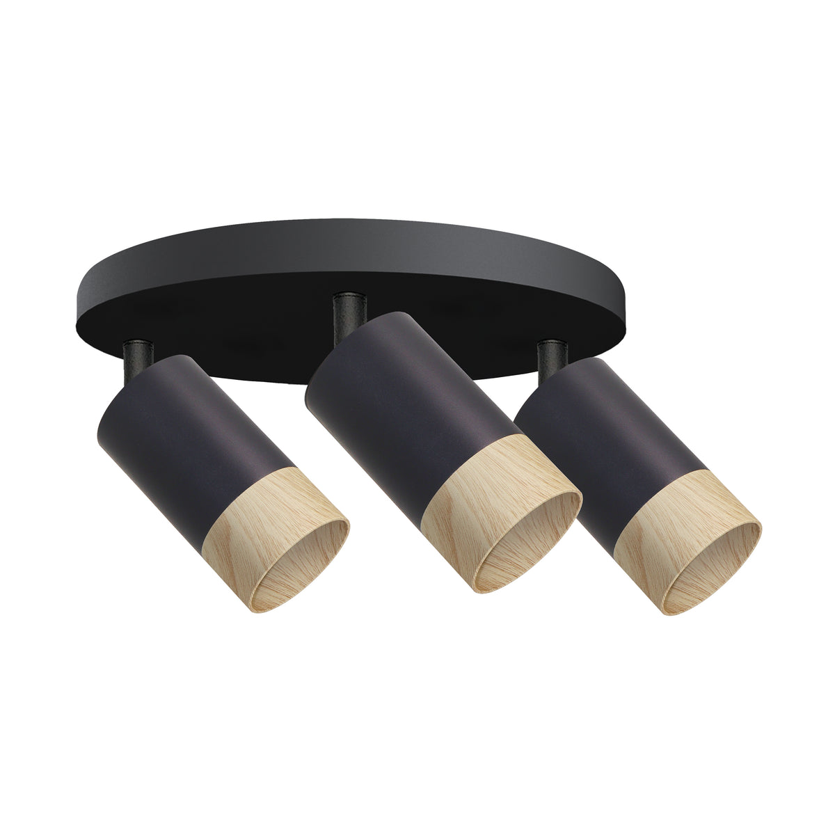 Plafonnier noir à trois spots cylindriques orientables avec intérieur en bois clair