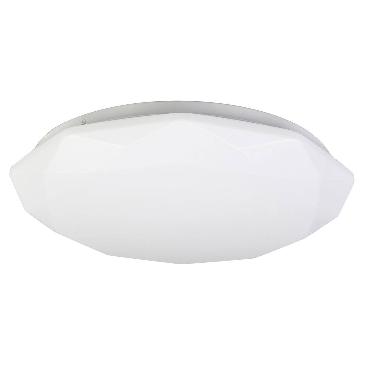 Vue de face d’un plafonnier blanc au diffuseur rond et facetté.