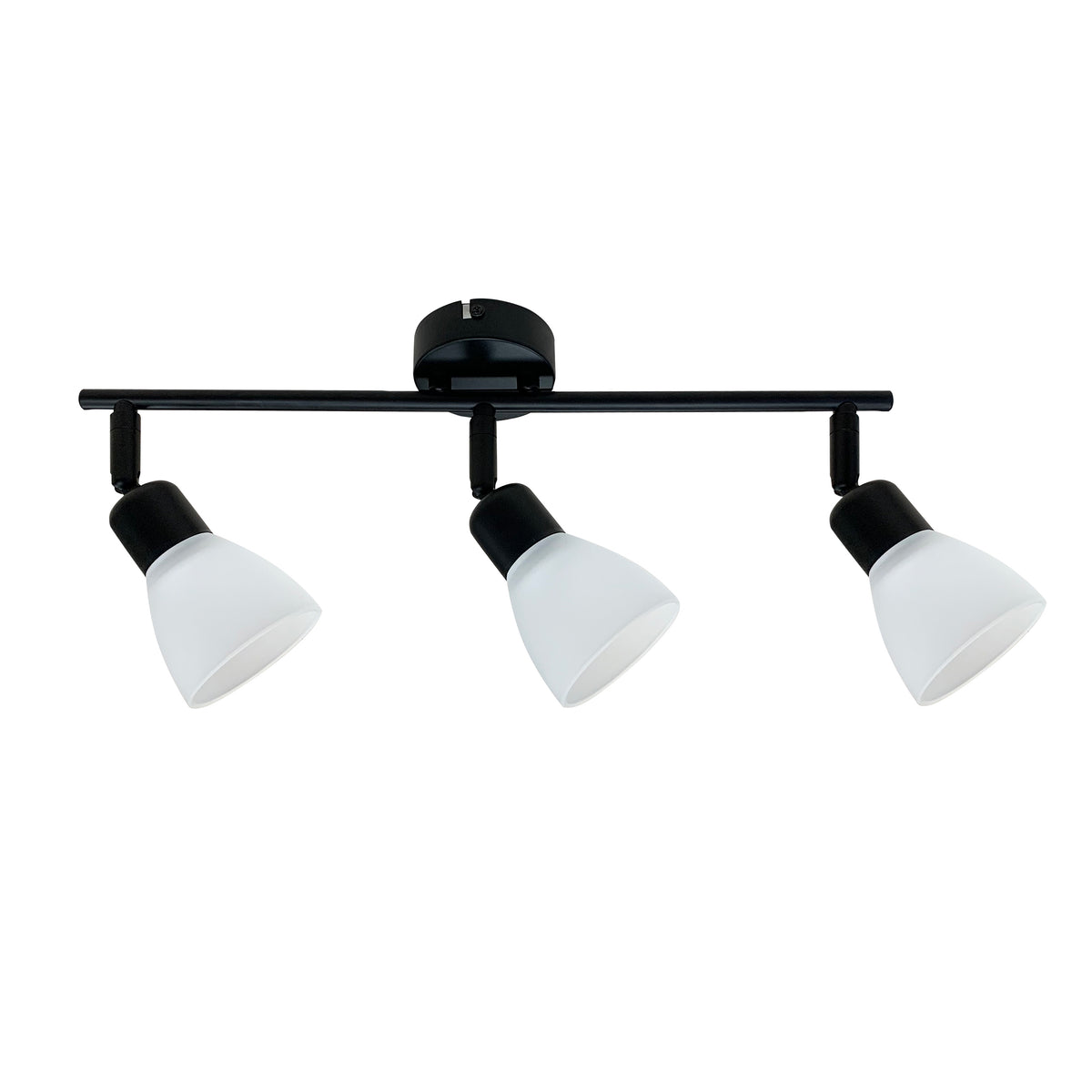 Vue de face du plafonnier noir à trois spots orientables et verre blanc