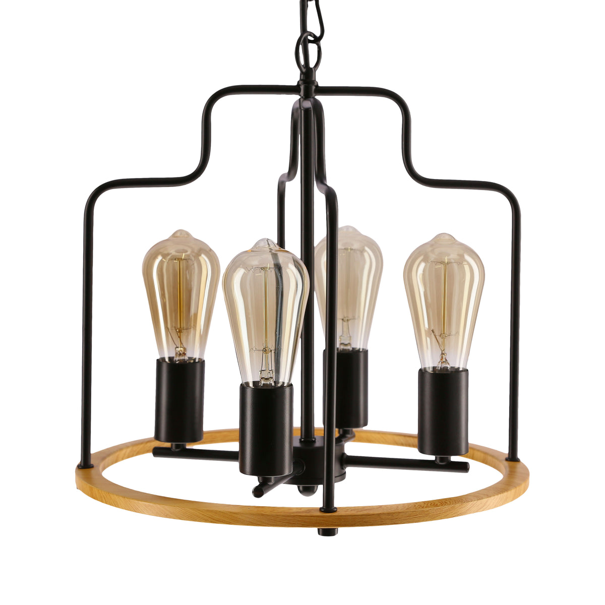 Vue de face sur fond blanc de la suspension noire à quatre ampoules Edison.