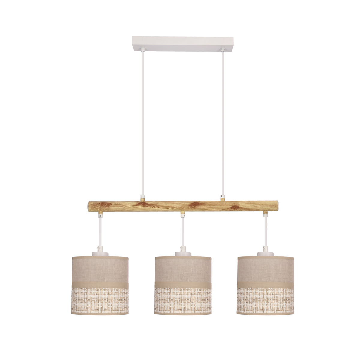 Suspension trois lumières avec barre en bois clair et abat-jours cylindriques en tissu beige