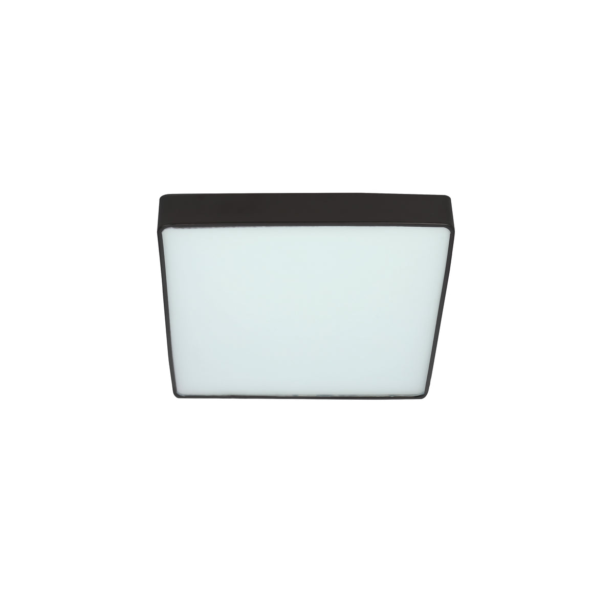 Vue de face du plafonnier carré noir à diffuseur de verre opalin éteint