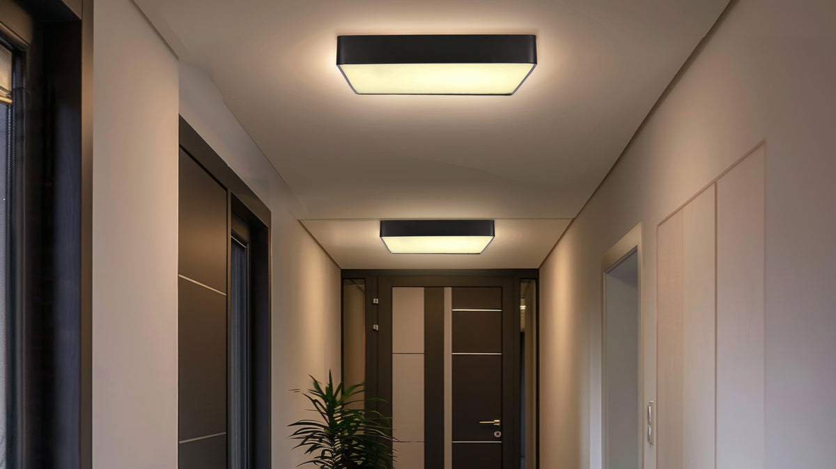Couloir contemporain sombre éclairé par deux plafonniers carrés allumés