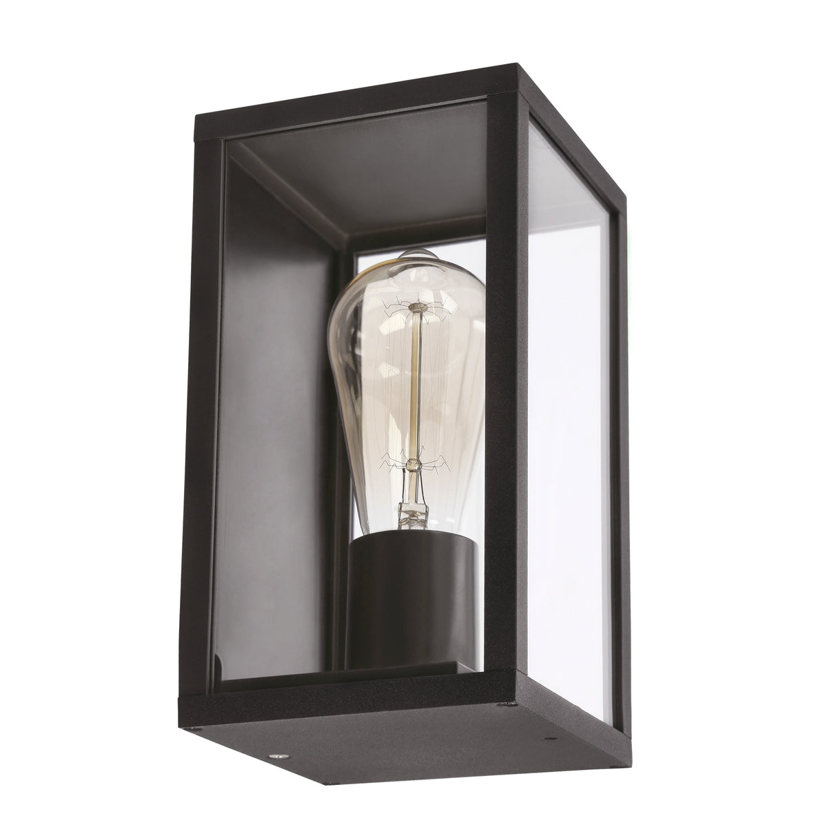 Vue de face d'une applique murale noire rectangulaire avec ampoule Edison et verre transparent
