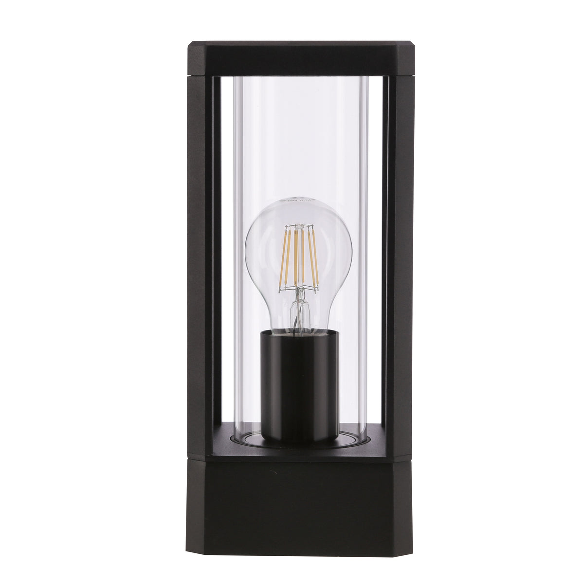 Vue produit de face sur fond blanc, borne noire avec ampoule à filament visible.