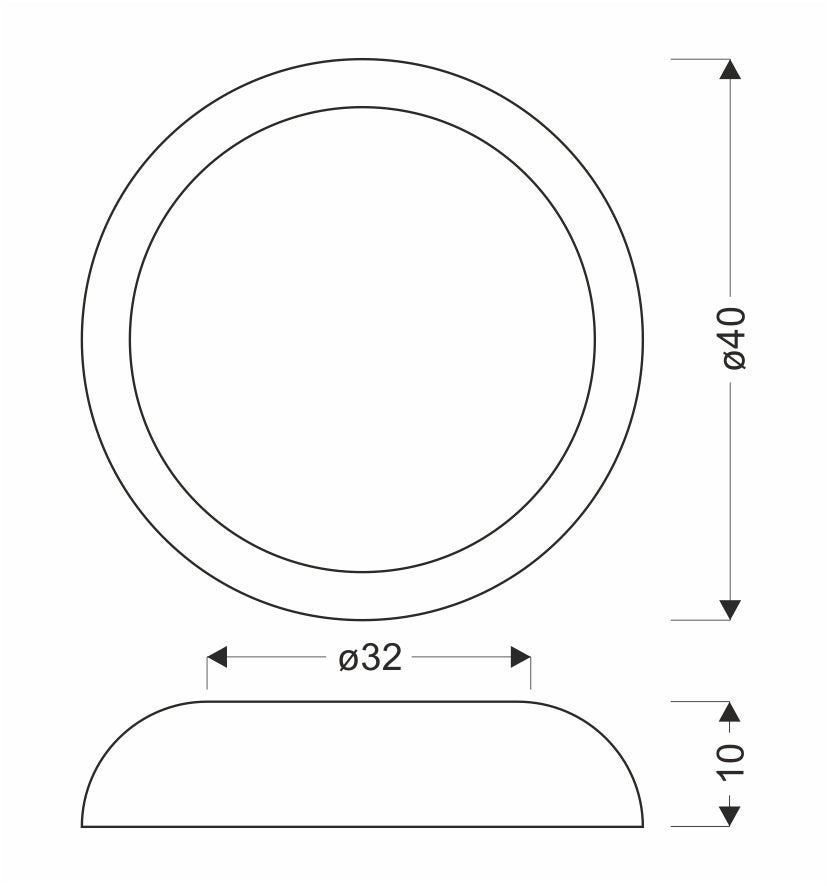 Schéma de dimensions du plafonnier rond, diamètre 40 et 32 cm, hauteur 10 cm