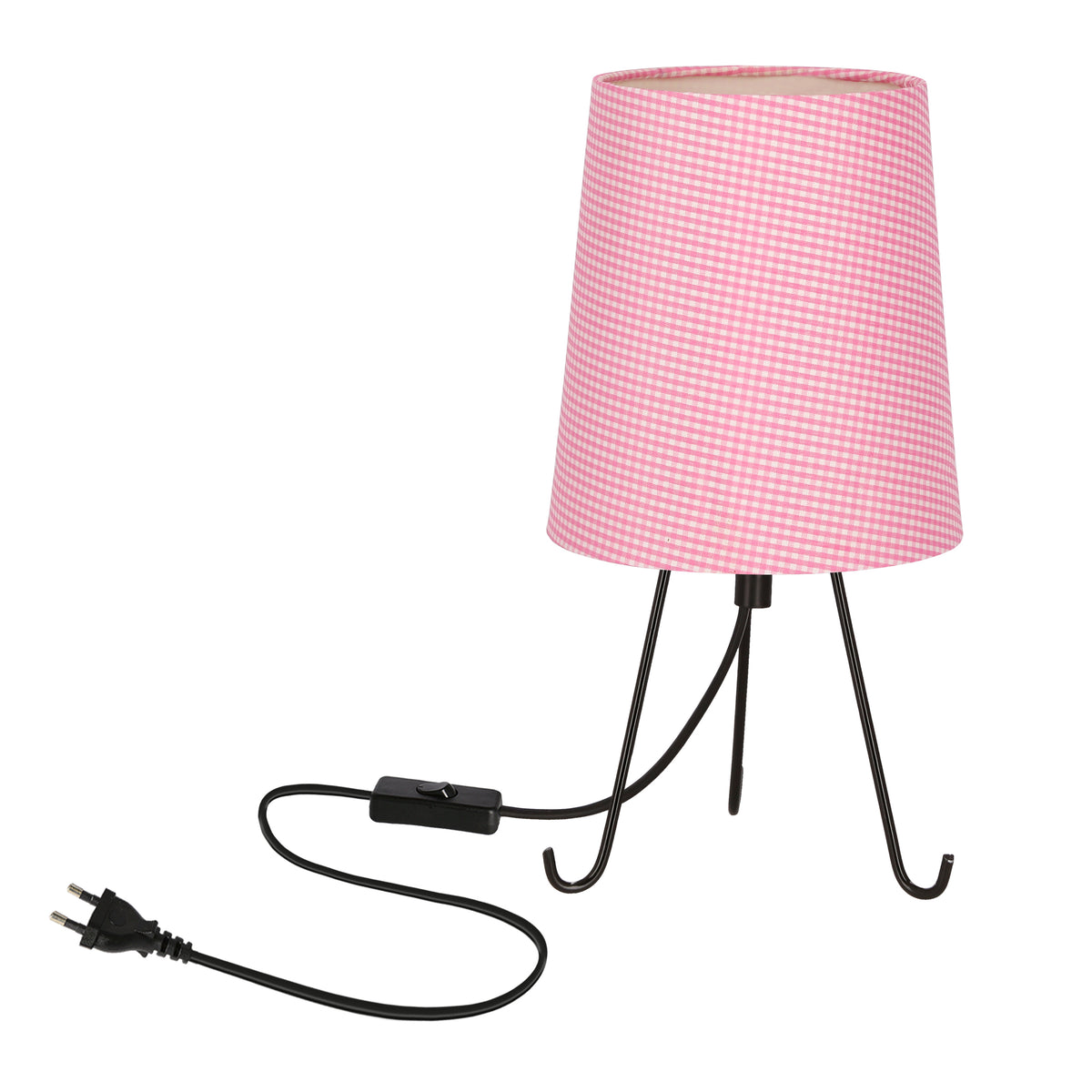 Lampe à poser rose à abat-jour vichy et pied trépied noir, interrupteur sur cordon