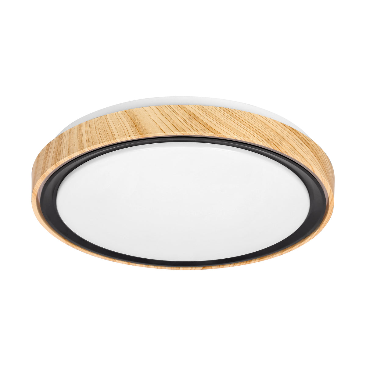 Luminaire rond vu de face sur fond blanc, diffuseur opale et cerclage bois clair à liseré noir