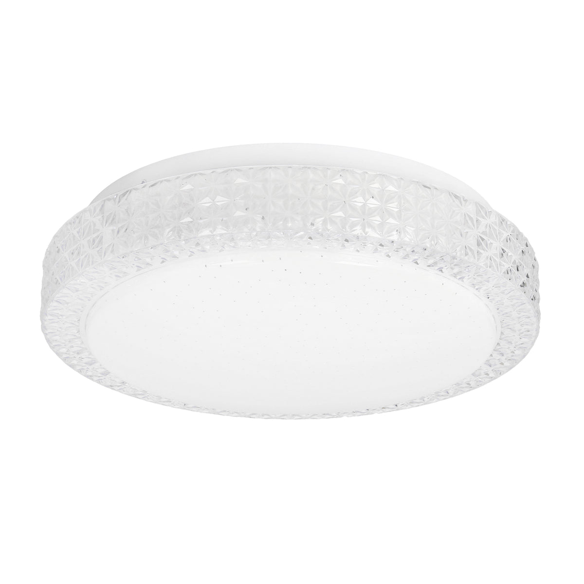 Plafonnier rond blanc de face, diffuseur ponctué et rebord cristallin gravé