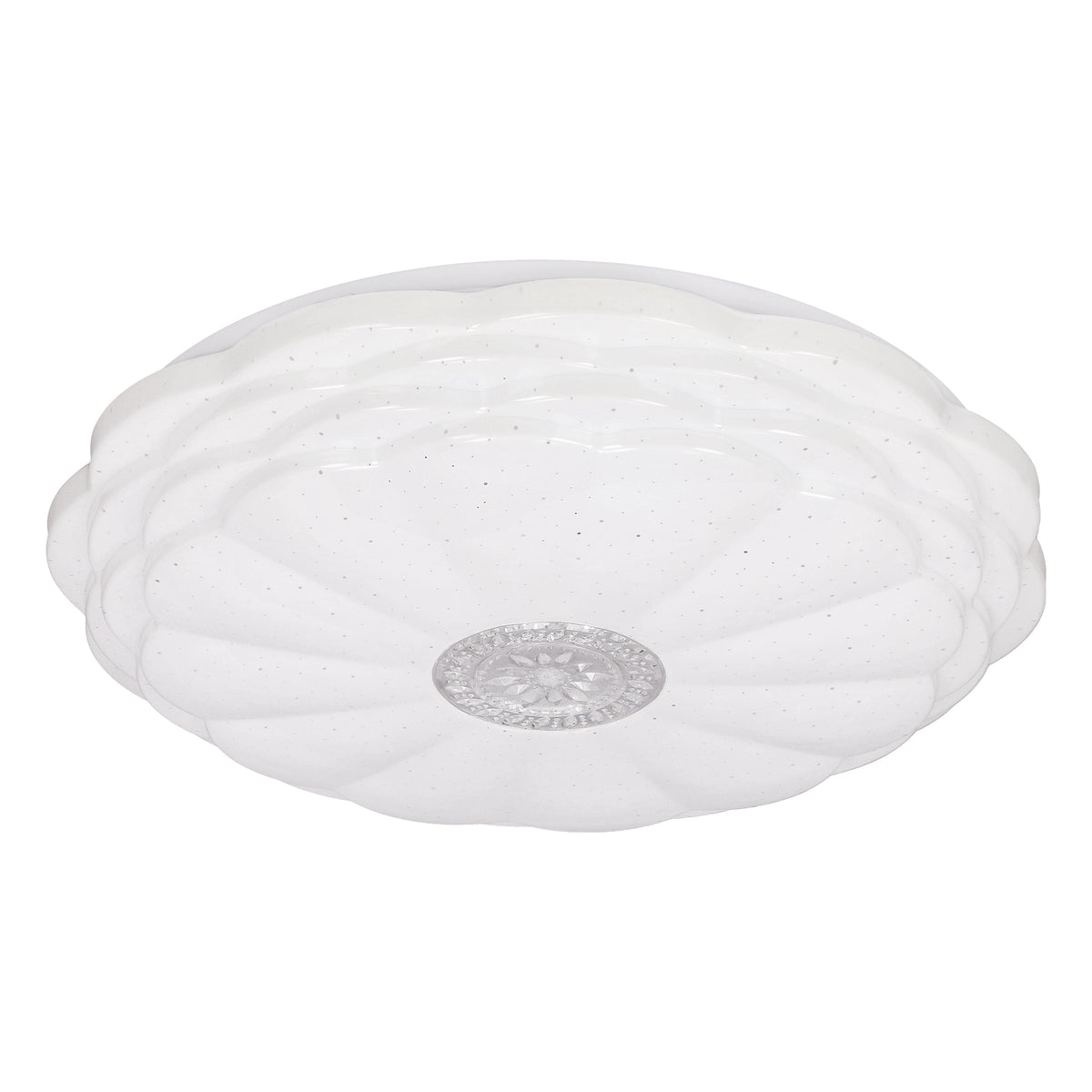 Plafonnier rond blanc à verre dépoli, bord ondulé et motif central en cristal.