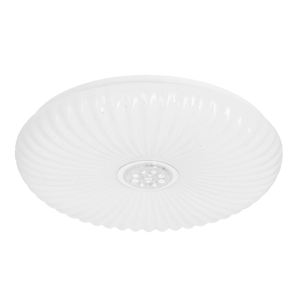 Vue de face du plafonnier LED : diffuseur blanc rond, stries rayonnantes et lentille centrale.