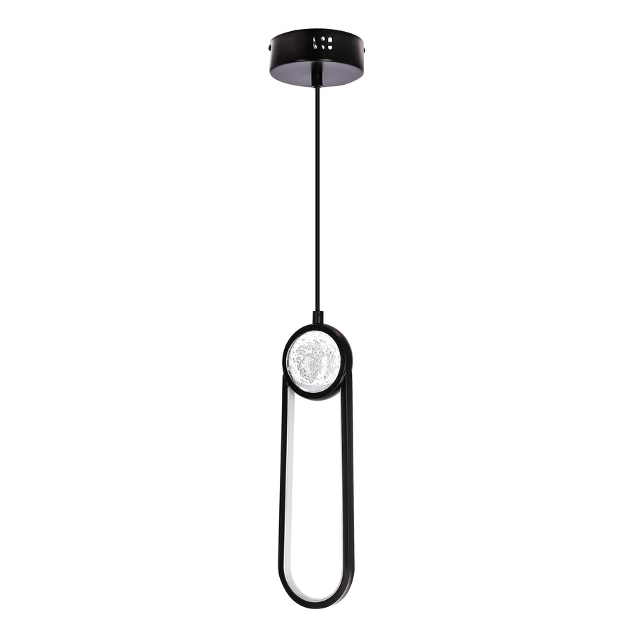 Suspension noire sur fond blanc, boucle ovale allongée et pastille lumineuse ronde.