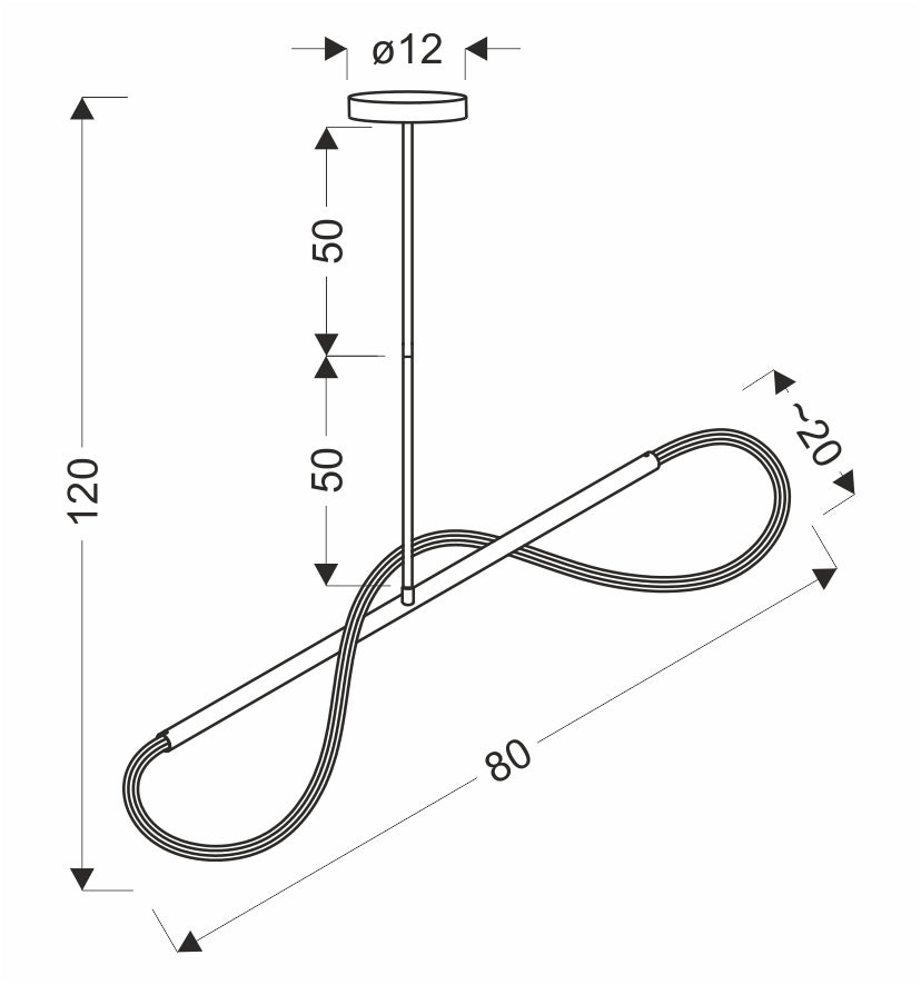 Schéma coté du luminaire indiquant longueur 80 cm, hauteur 120 et rosace 12