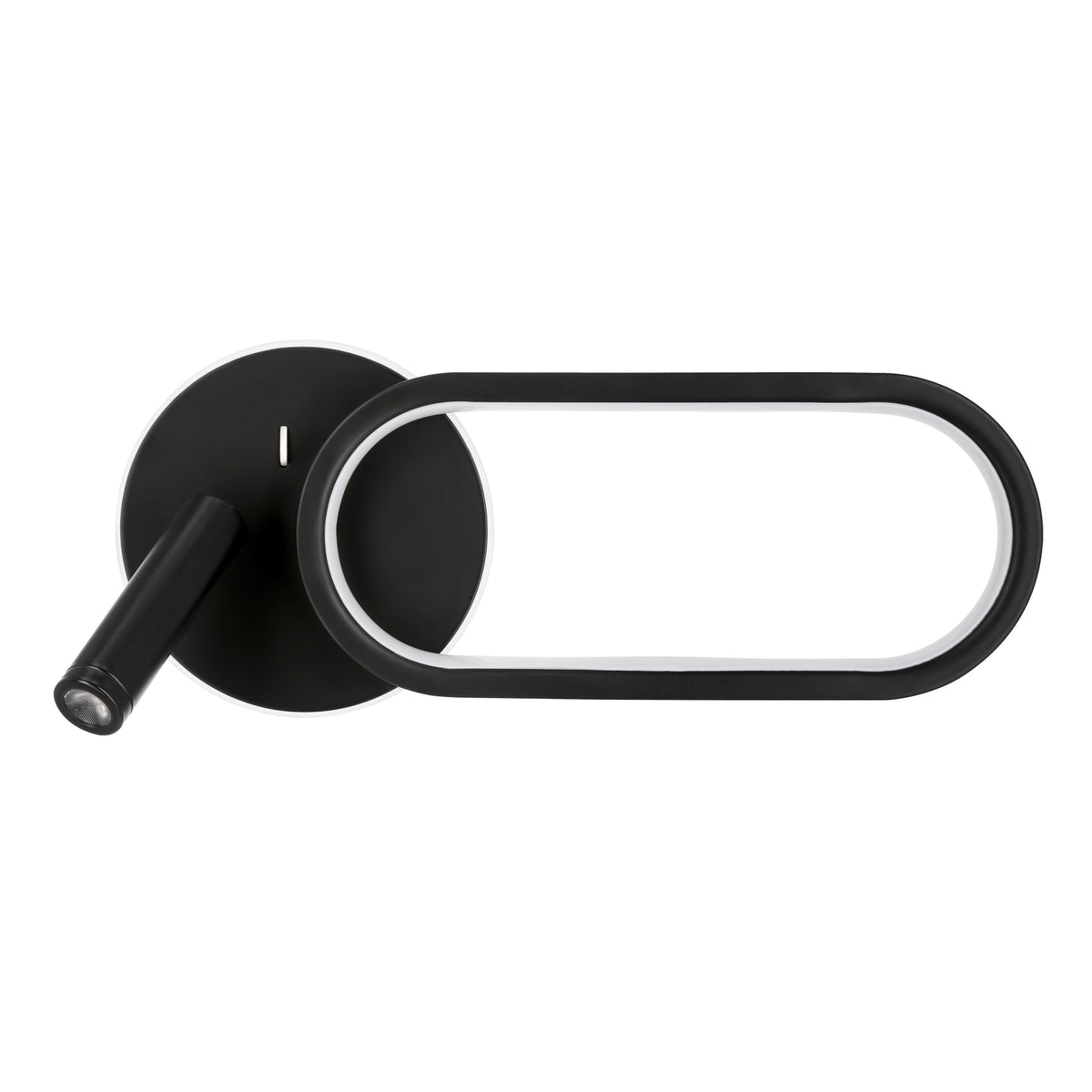 Vue de produit de face, anneau ovale noir et projecteur de lecture orientable