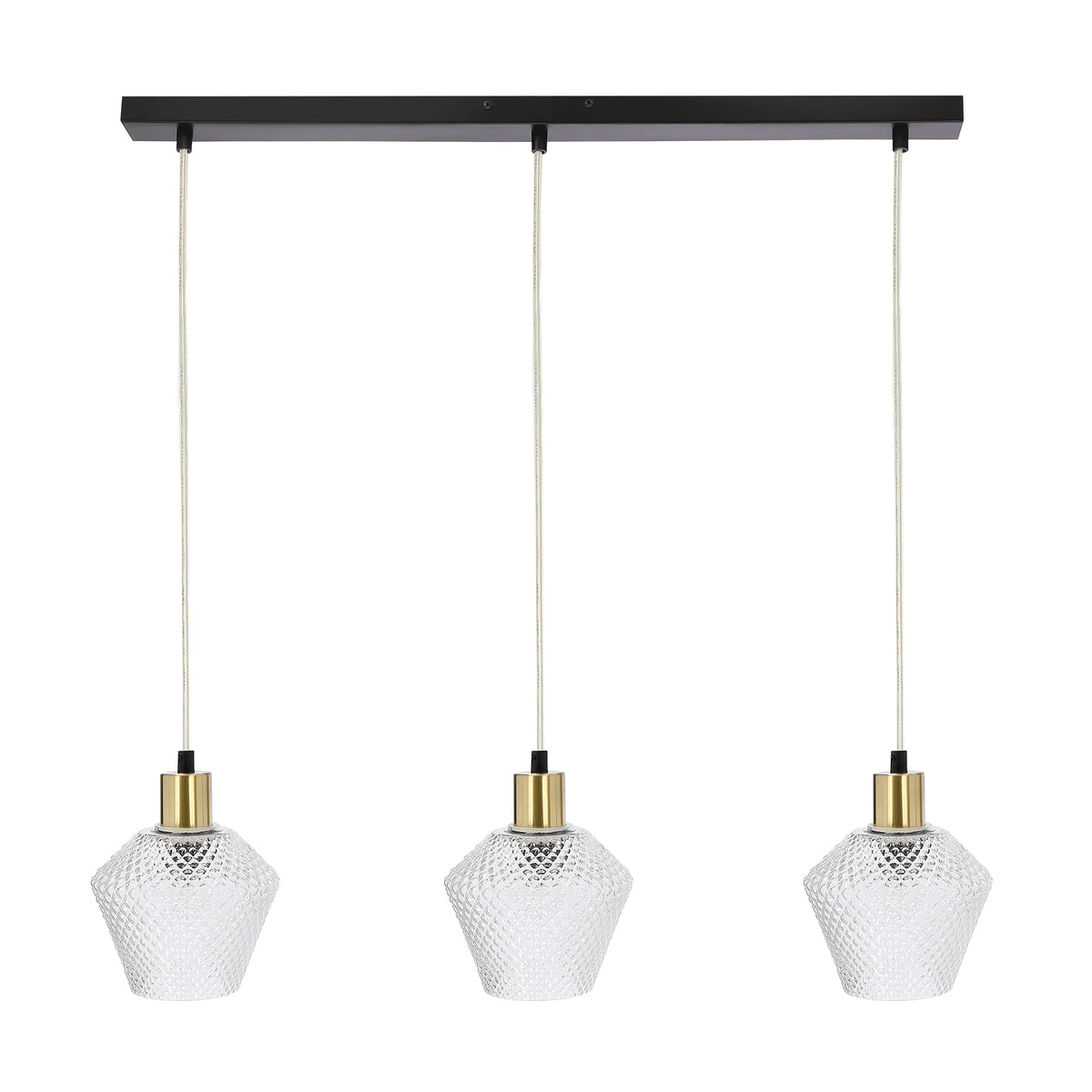 Suspension trois lumières, verre texturé, finitions noires et dorées, vue de face