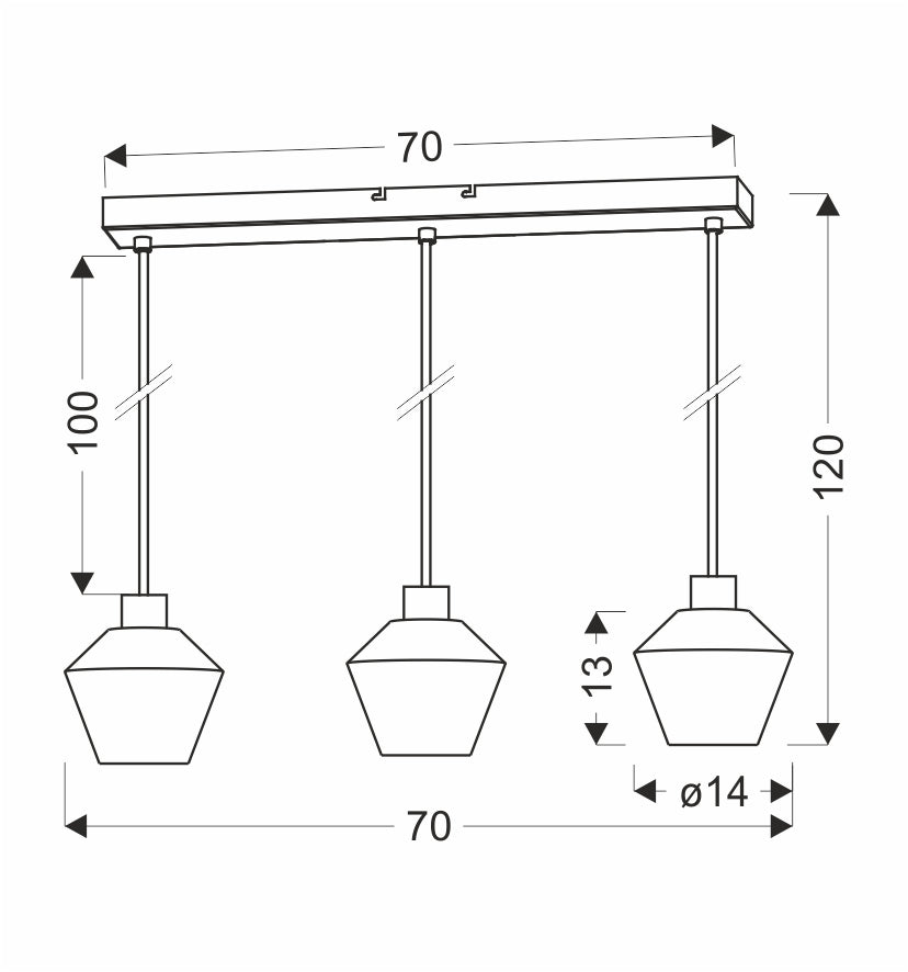 Schéma coté du luminaire avec barre de 70 cm et hauteur réglable