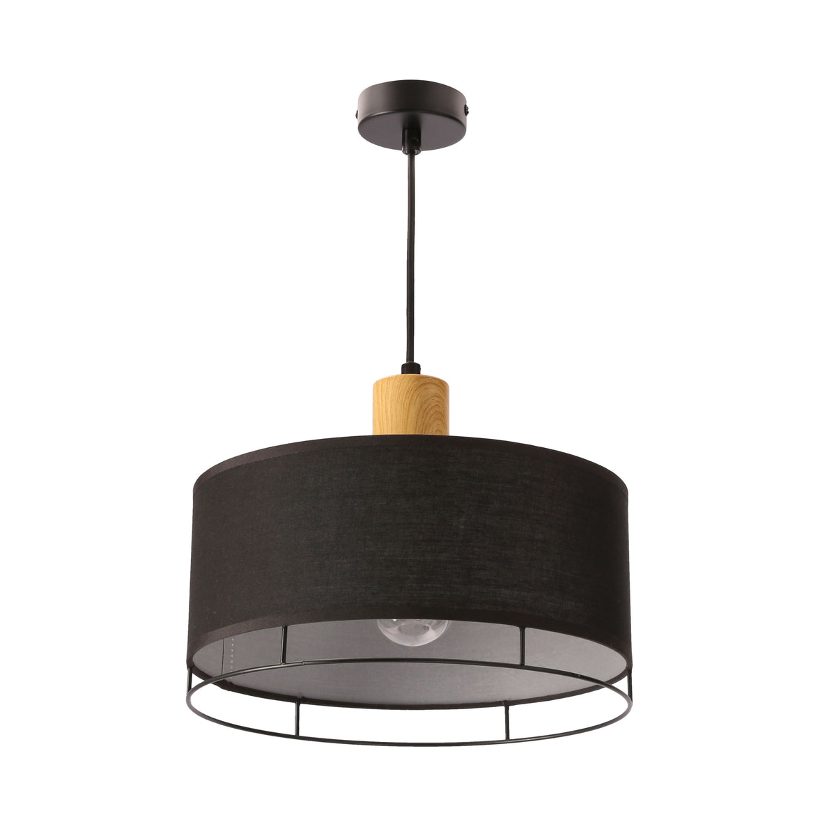 Suspension noire au tissu cylindrique, vue de face sur fond blanc, sans mise en situation.