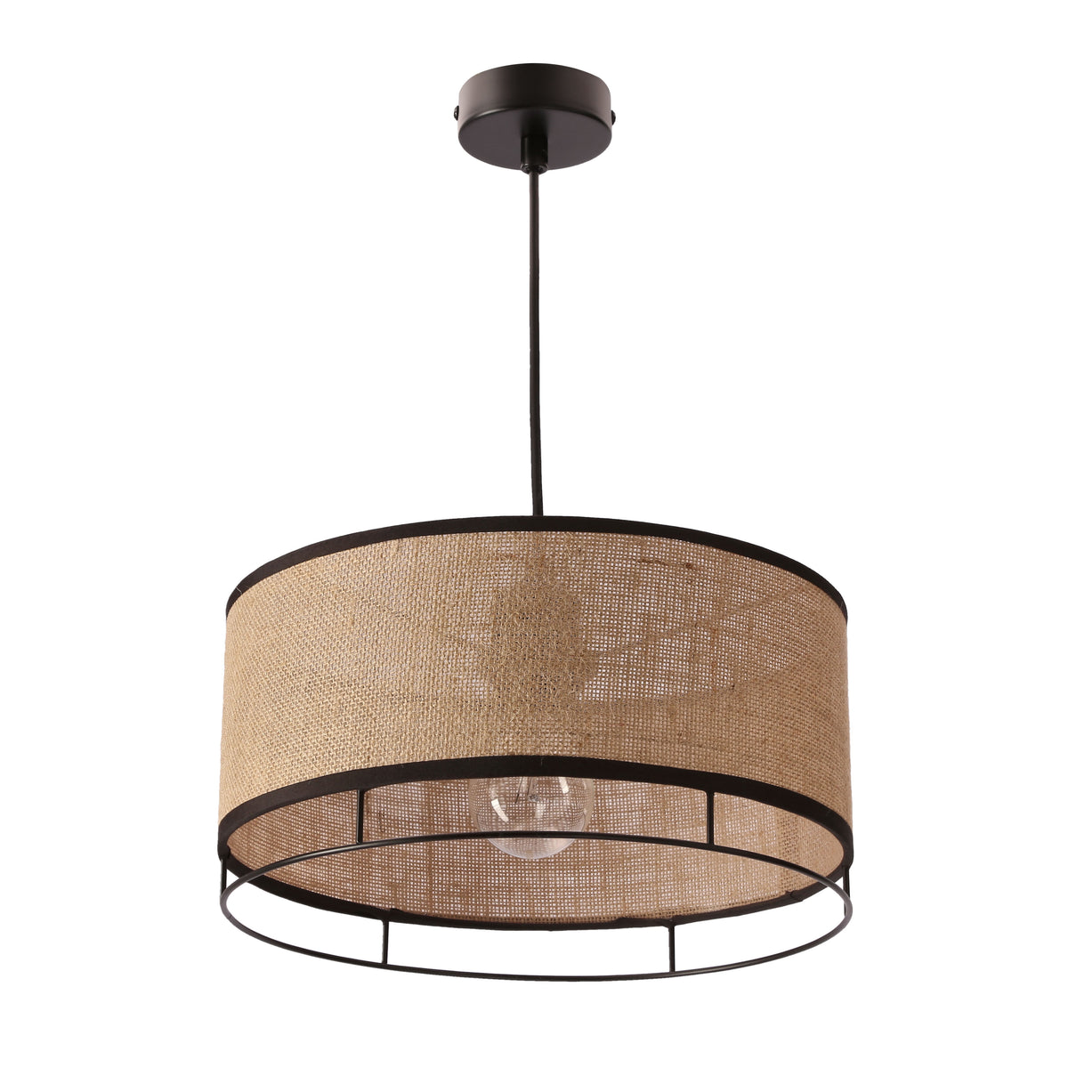 Suspension vue de face avec abat-jour cylindrique en tissu naturel et structure noire.
