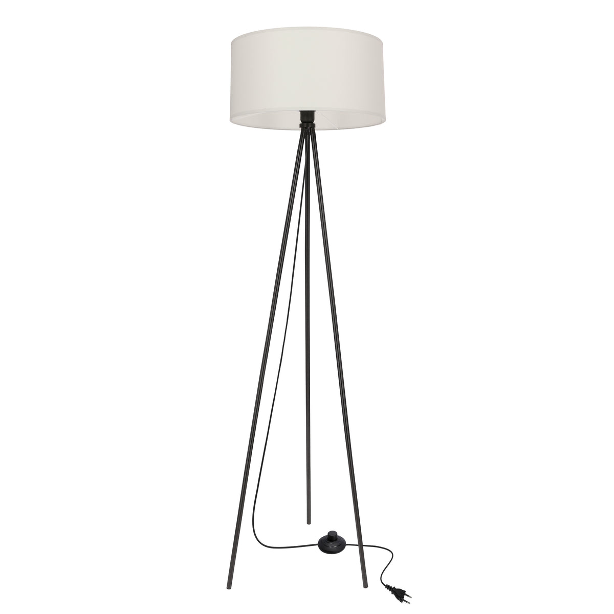 Lampadaire trépied vu de face, abat-jour cylindrique en tissu blanc et piétement métal noir.